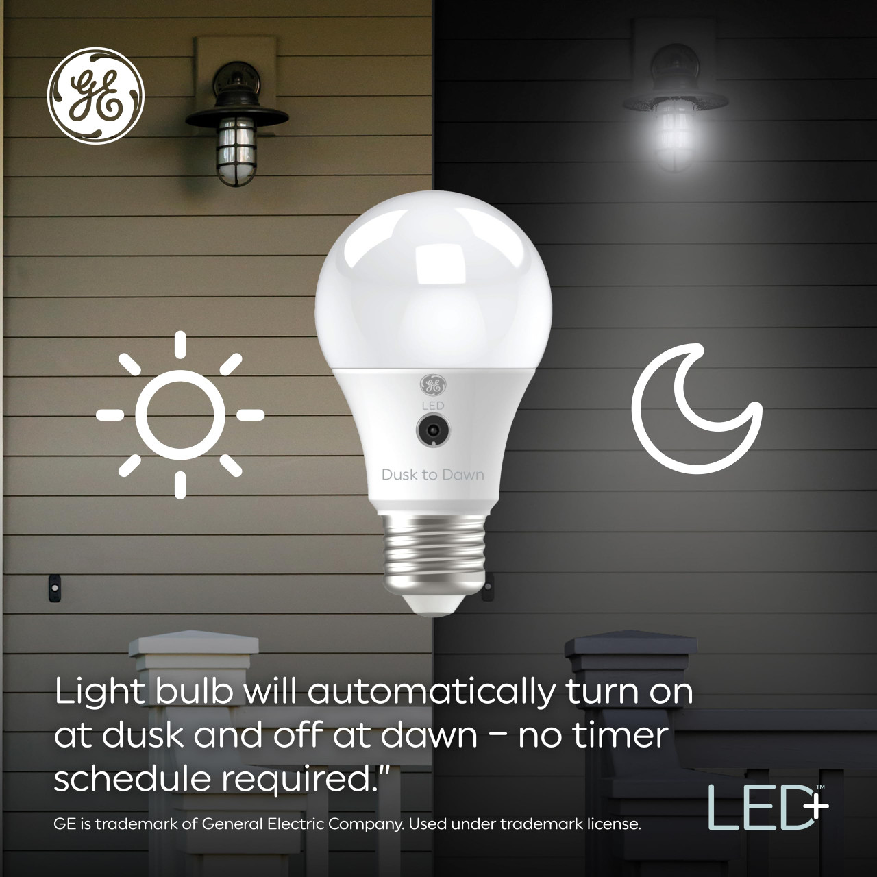 GE LED+ Dusk to Dawn A19 LED Light Bulbs, Automatic On/Off Outdoor Light, 8.5W, Soft White (3 Pack)