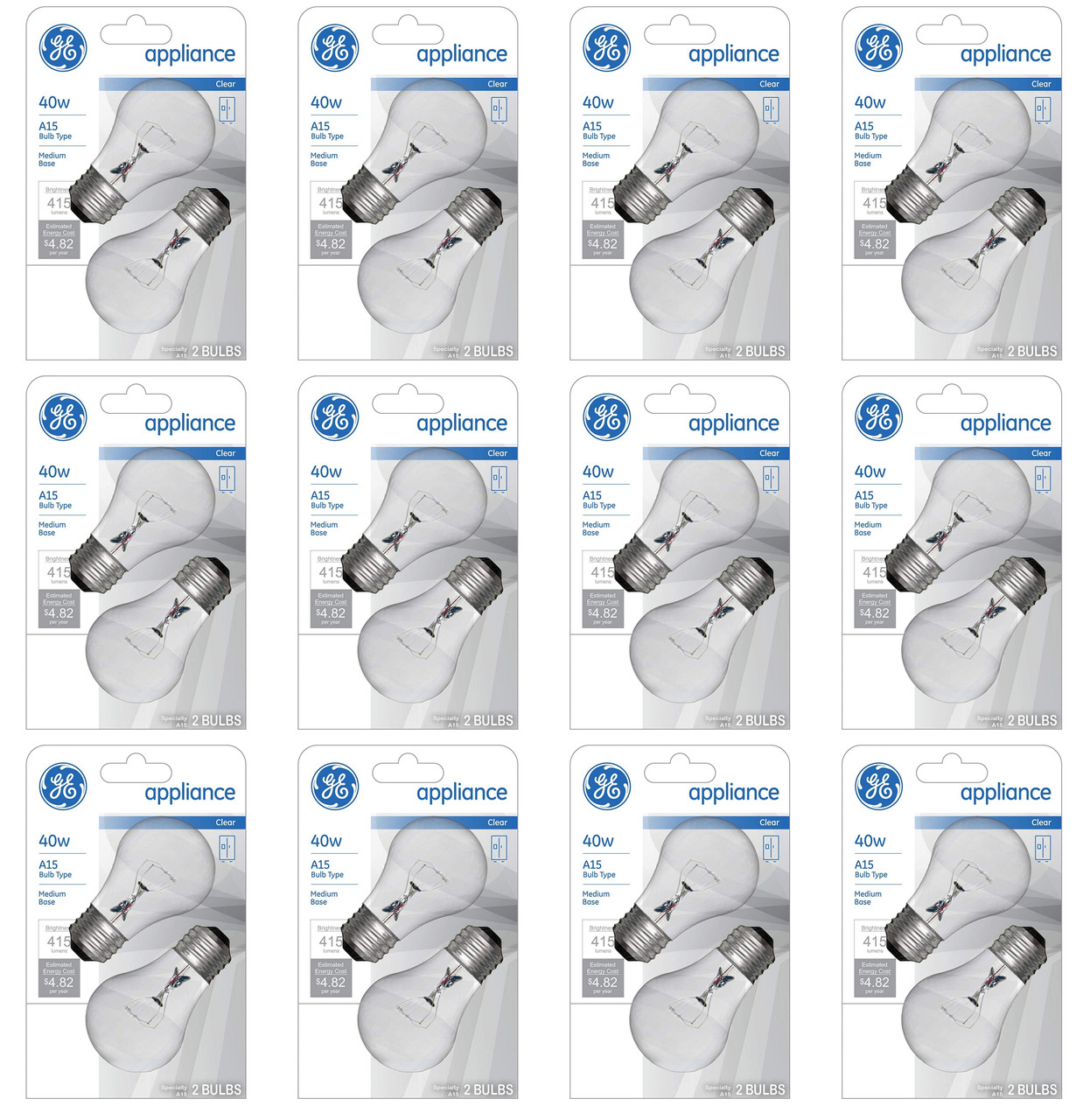 (case of 24 bulbs) GE Appliance Clear Light Bulb 40w, A15 Bulb Type, Medium Base | 415 Lumens | 