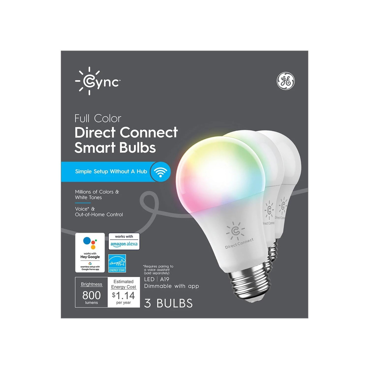 (3 bulbs)GE Lighting CYNC Smart LED Light Bulbs, Color Changing, Bluetooth and Wi-Fi, Compatible with Alexa and Google Home, A19 Bulbs 