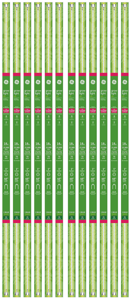 (12 LED Tubes) GE Grow Lights for Indoor Plants, T8 LED Light Bulbs for Flowers and Fruit with Advanced Red Light Spectrum, 25,000 Hours Lifespan, 34 PPF, 48 Inch