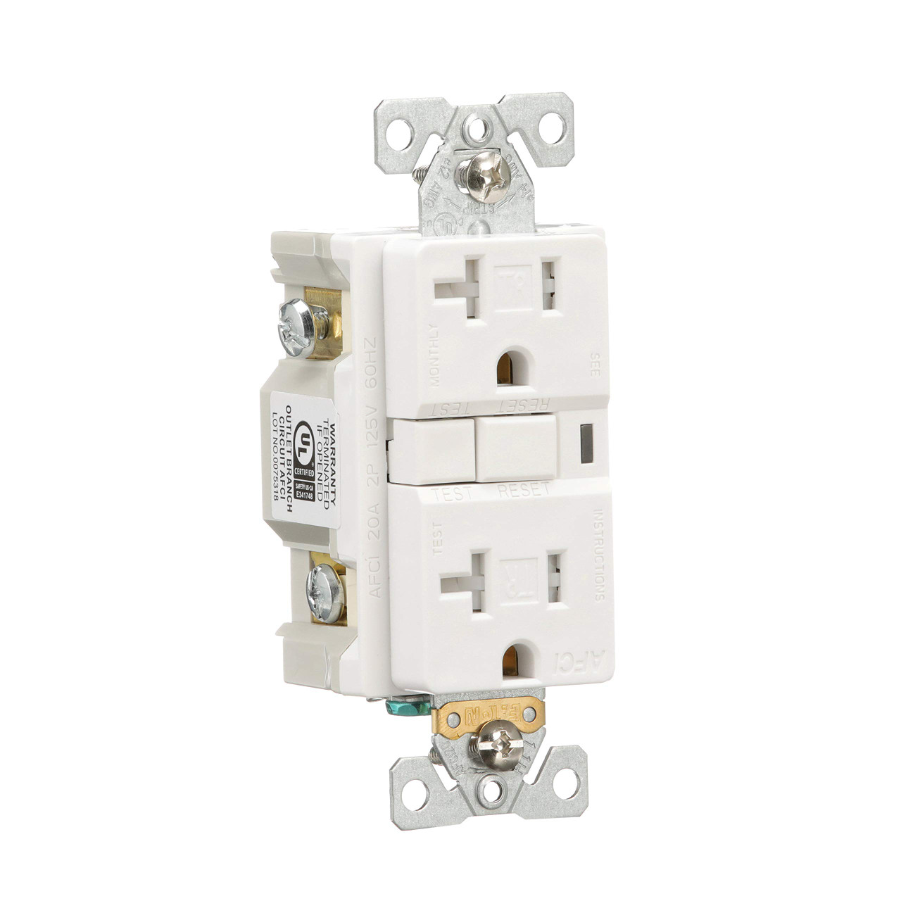 EATON TRAFCI20W Tamper Resistant Arci Duplex Receptacle, 125 Vac, 20 A, 2 Pole, 3 Wire, White
