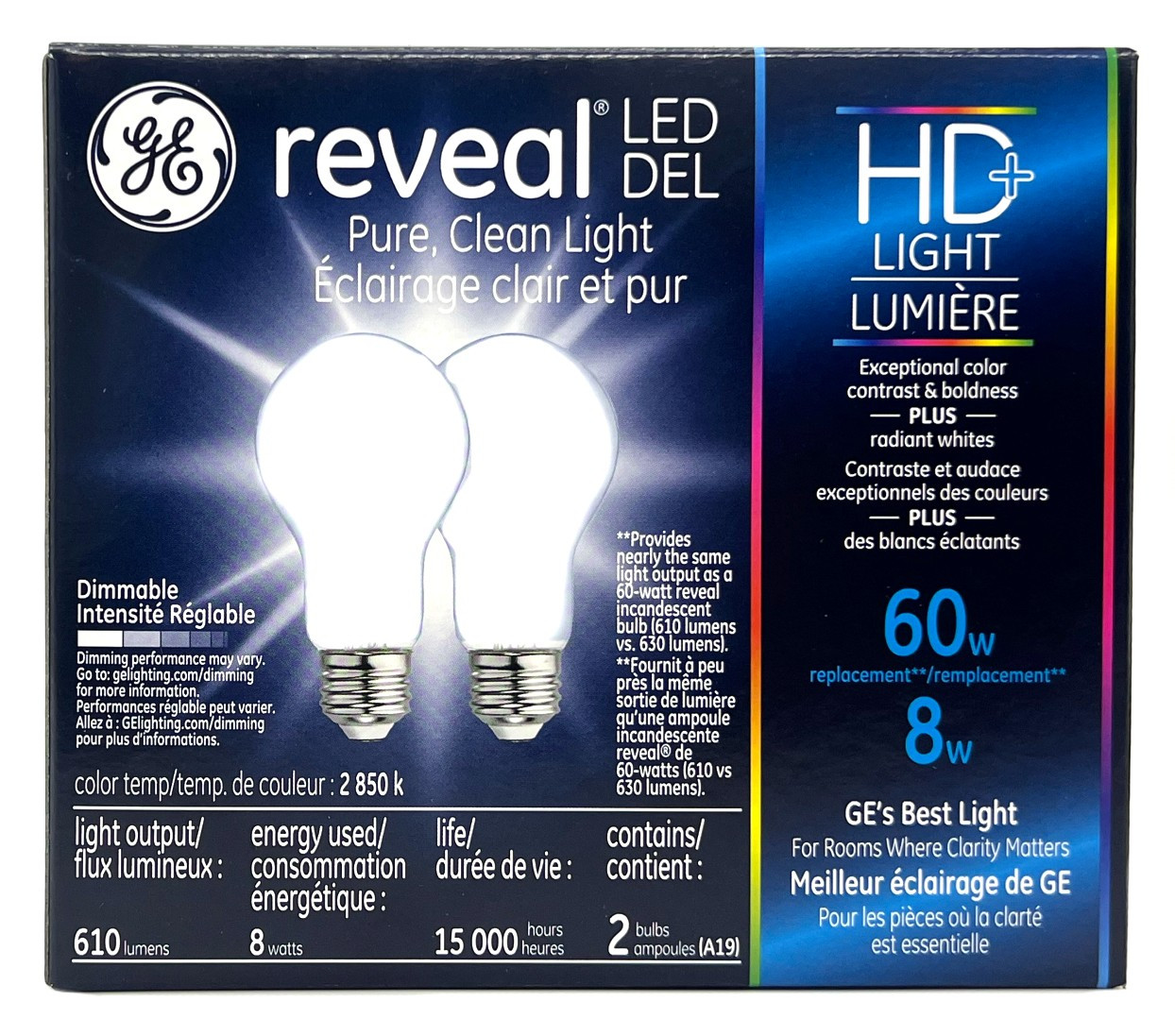 (2 bulbs) GE reveal LED A19 Light Bulb, 8 watts, 610 lumens, 2850K Reveal HD Light, Dimmable,  Exceptional Color Contrast and Boldness, medium base