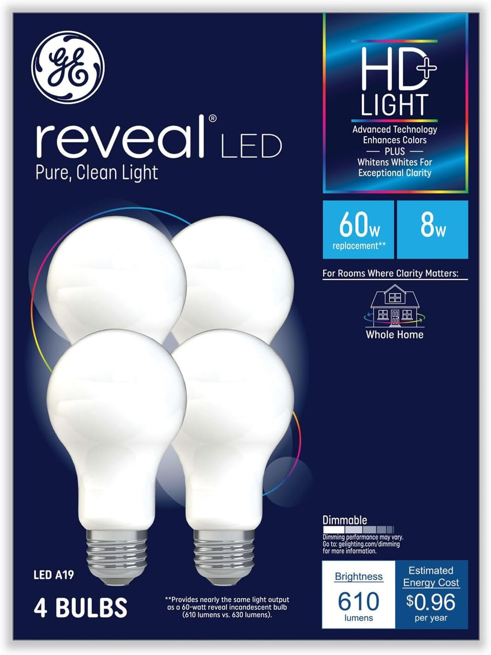 (4 bulbs) GE reveal LED A19 Light Bulb, 8 watts, 610 lumens, 2850K Reveal HD Light, Dimmable,  Exceptional Color Contrast and Boldness, medium base