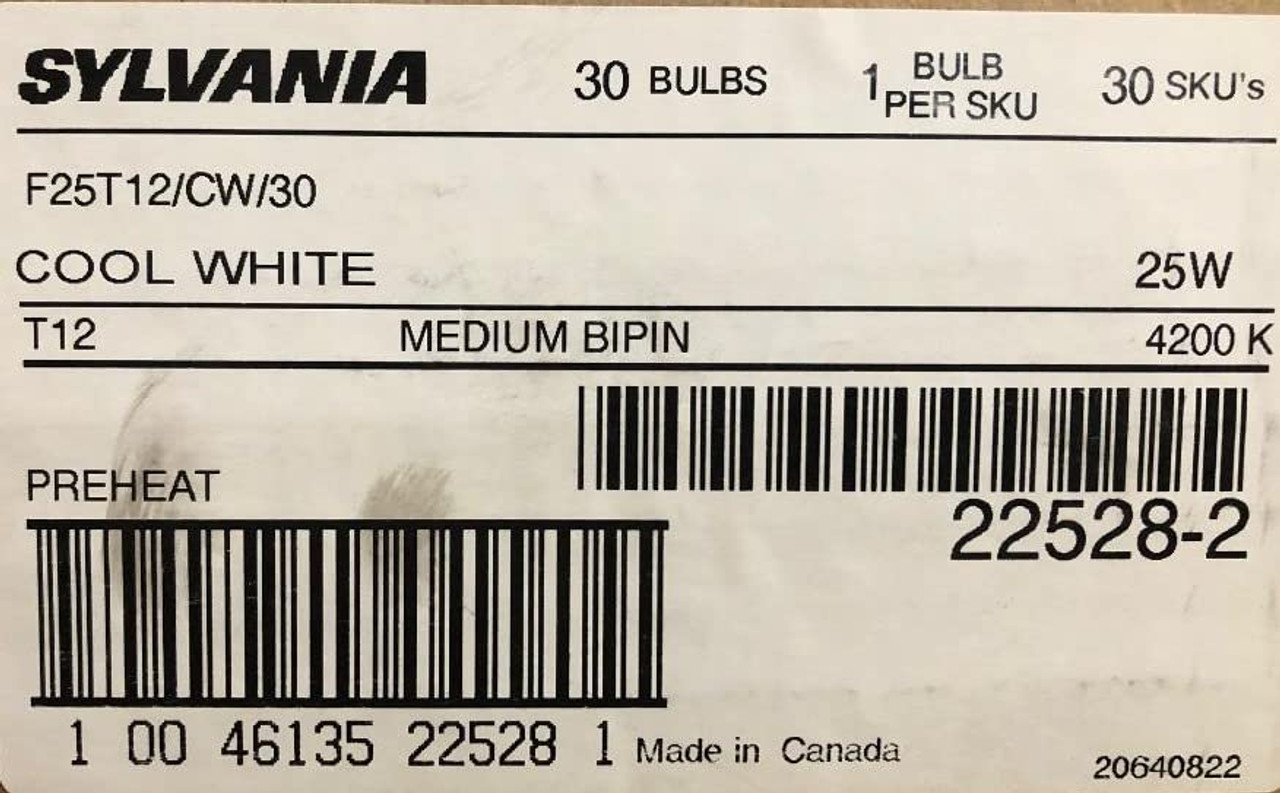SYLVANIA 30 Pieces 22528 F25T12/CW/30 25 Watt T12 4200K Medium Bipin