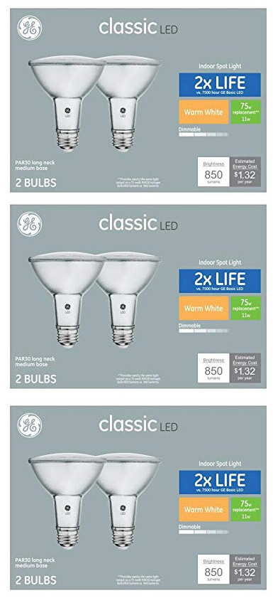 (quantity of 6 bulbs) GE Classic LED PAR30 Longneck, 75 W Equivalent,  Dimmable Spot Warm White 