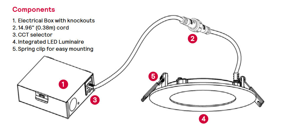 Lightolier LED Flat Downlight, Selectable Color Temperature, 5 inch round, 13 watts, 900 lumens, TRIAC dimming to 5 percent, 120V, White, FD5R9ESCT1W, suitable for wet locations
