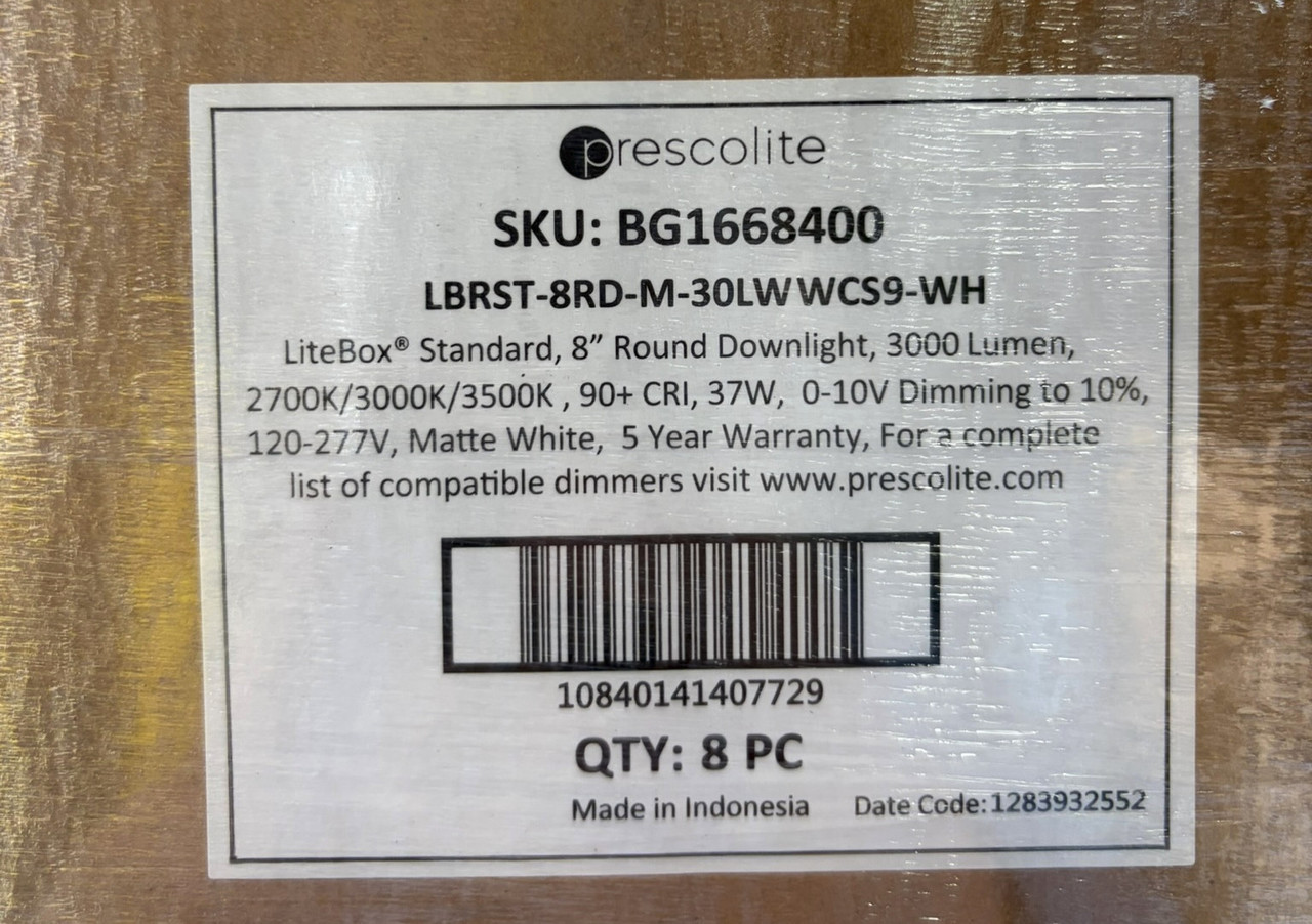 (case of 8) Hubbell Canless LED LiteBox Downlight, 8 inch round, 3000 lumen, warm white selectable (2700K, 3000K, 3500K) 90 CRI, 37 watt, Dimmable, 120-277V, Matte White, LBRST-8RD-M_30LWWCS9-WH