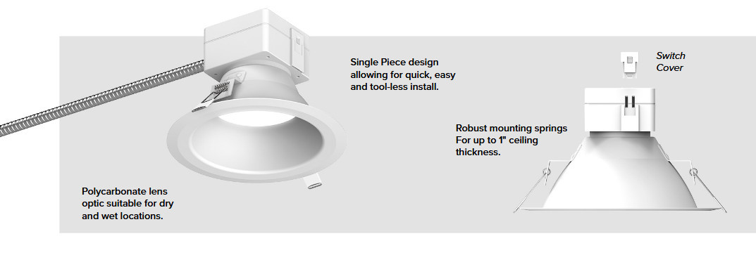 (case of 8) Hubbell Canless LED LiteBox Downlight, 8 inch round, 3000 lumen, warm white selectable (2700K, 3000K, 3500K) 90 CRI, 37 watt, Dimmable, 120-277V, Matte White, LBRST-8RD-M_30LWWCS9-WH