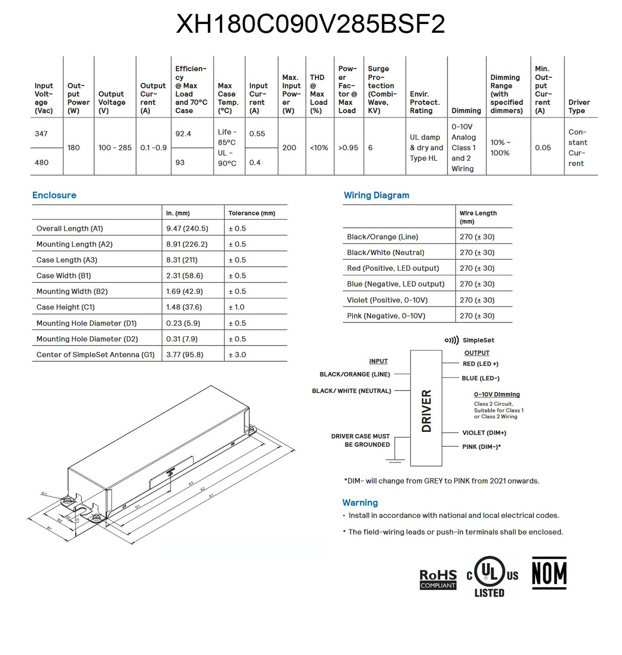 Advance LED Electronic Driver Xitanium 180w, .1-.9A, 0-10V Dimming, 347-480V, SimpleSet DTL XH180C090V285BSF2