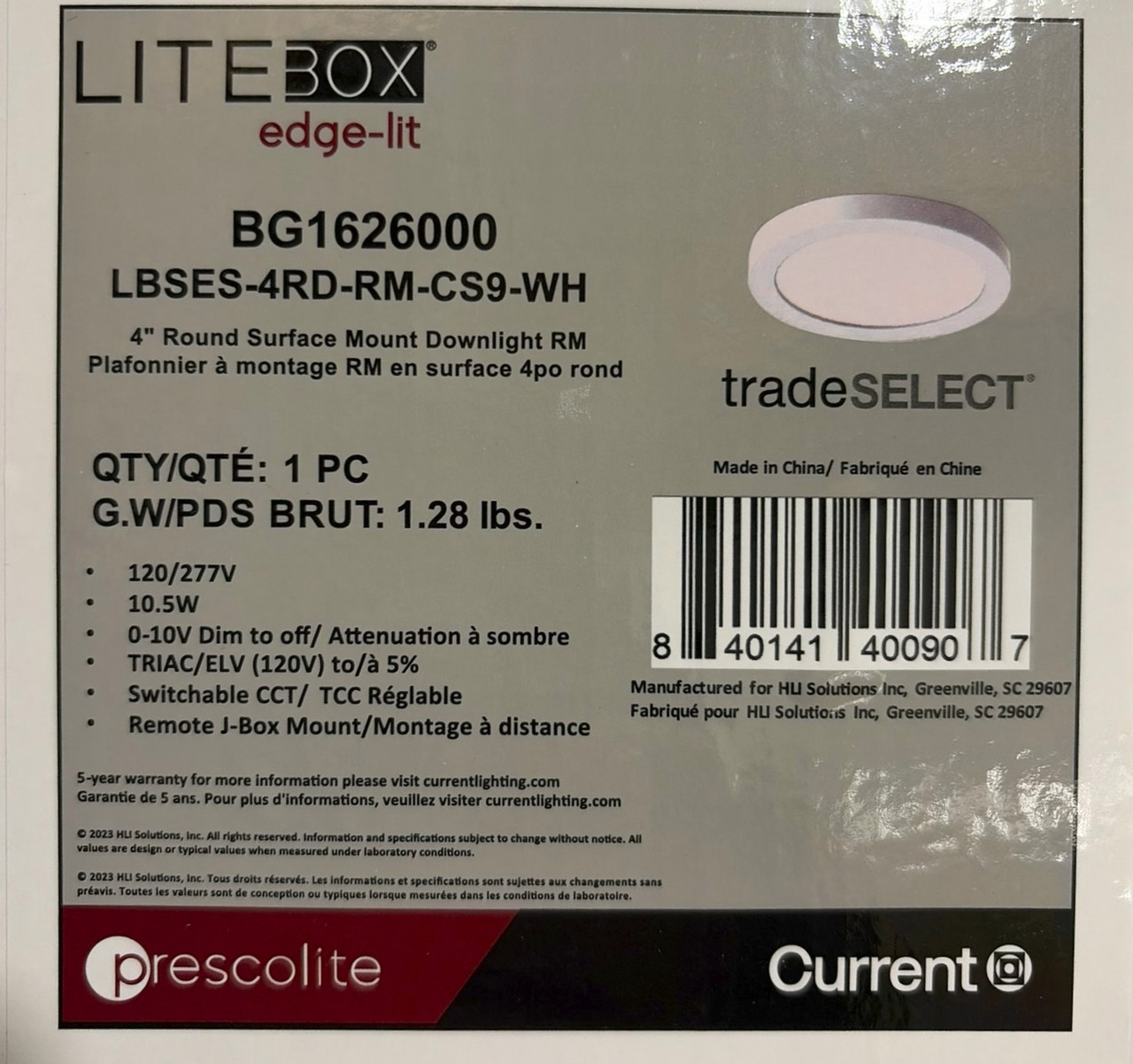 Prescolite Edge-Lit Round LED Downlight, 4 inch, 750 lumens, 10 watts, Field selectable color temperature, remote driver J-Box, 120-277V,  flicker free dimming, white, LBSES-4RD-RM-CS9-WH