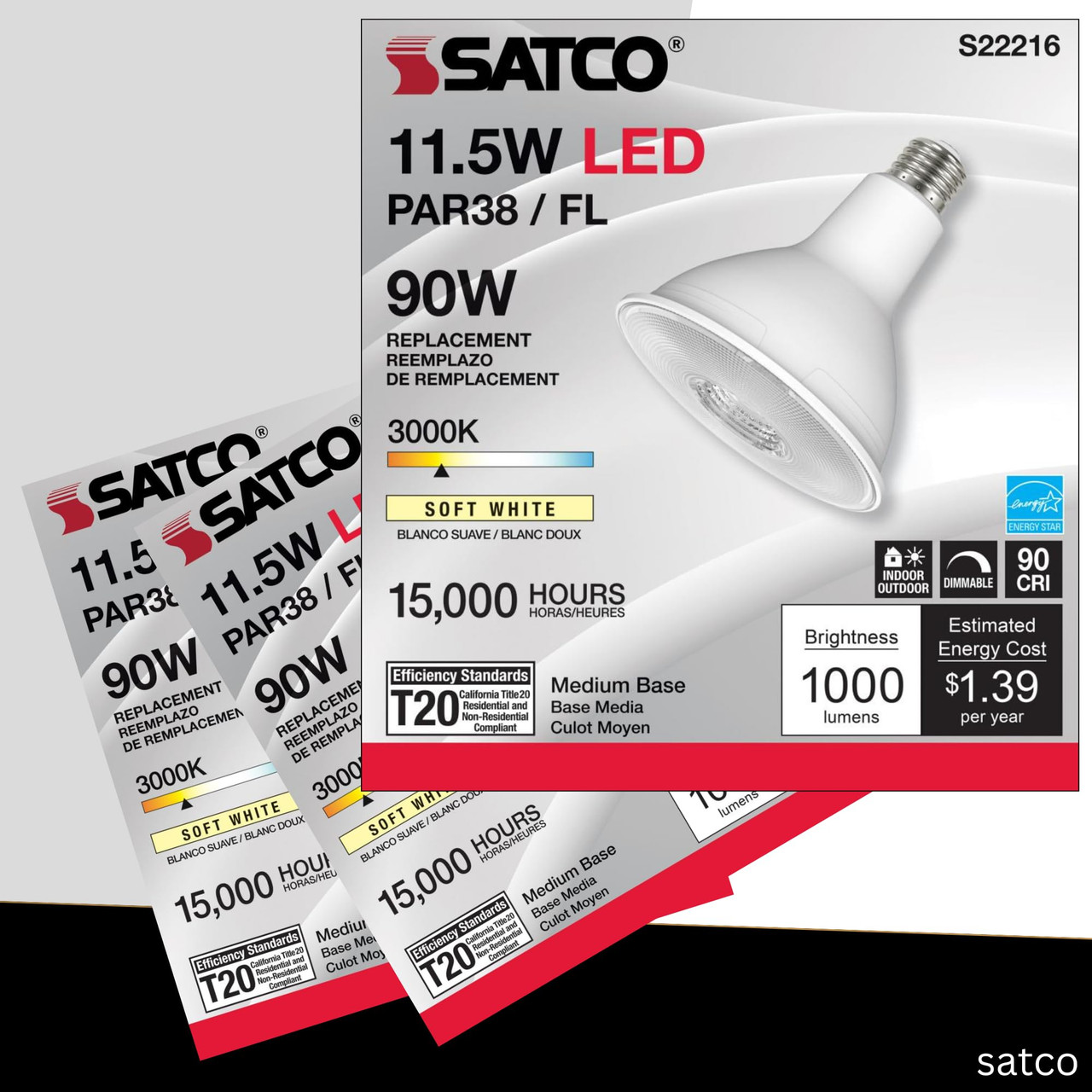 Satco LED PAR38 Lamp 11.5W 90W Equivalent 3000K Soft White 90+ CRI 40° Beam Angle Dimmable Medium Base 120V Clear Finish – Part S22216 (2 Pack)