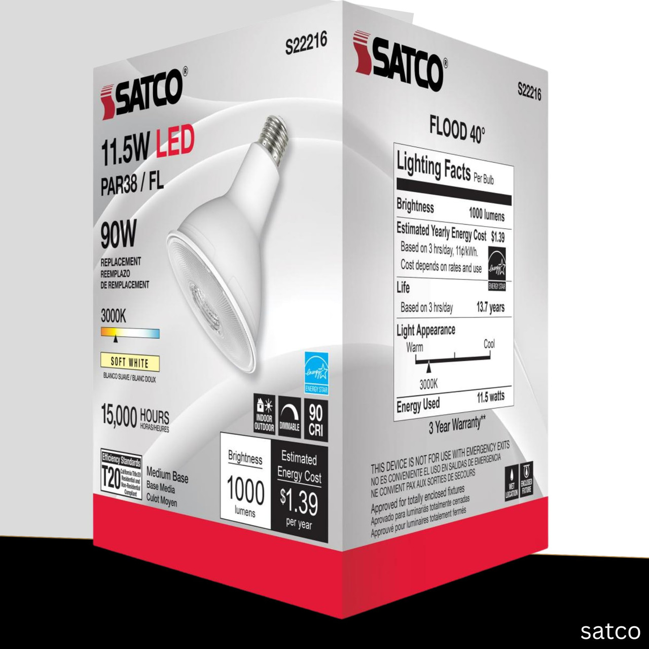 Satco LED PAR38 Lamp 11.5W 90W Equivalent 3000K Soft White 90+ CRI 40° Beam Angle Dimmable Medium Base 120V Clear Finish – Part S22216 (2 Pack)