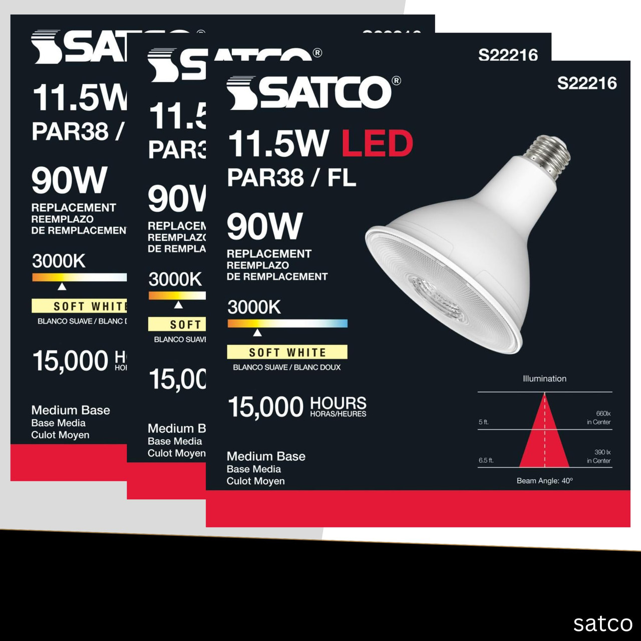 Satco LED PAR38 Lamp 11.5W 90W Equivalent 3000K Soft White 90+ CRI 40° Beam Angle Dimmable Medium Base 120V Clear Finish – Part S22216 (2 Pack)