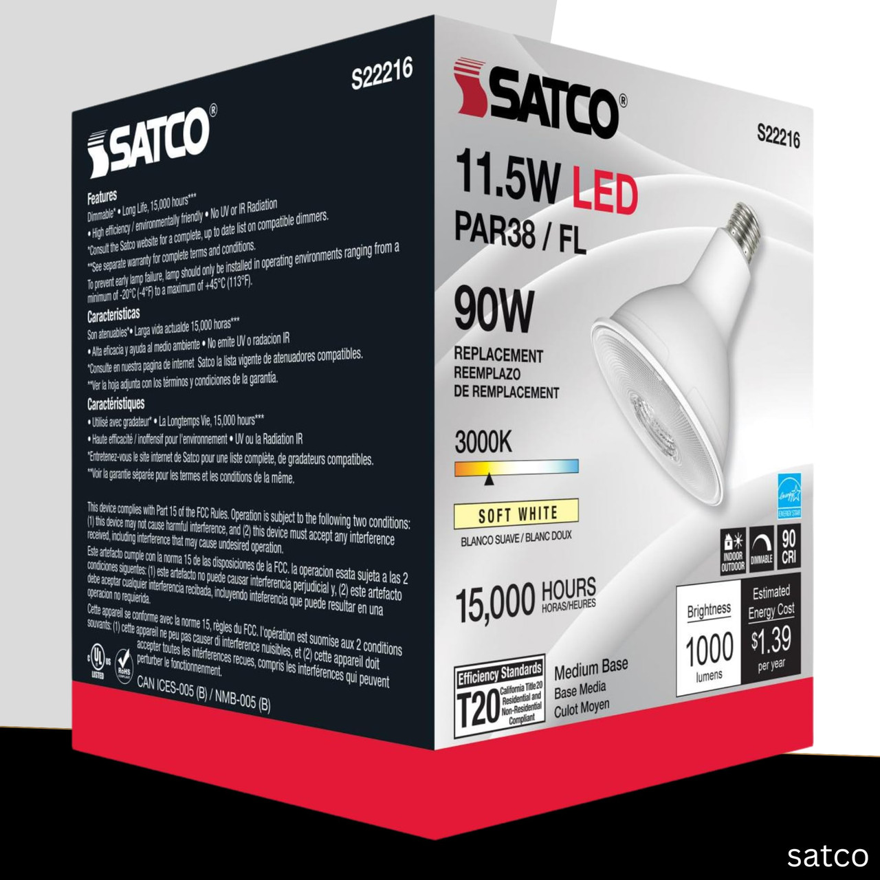 Satco LED PAR38 Lamp 11.5W 90W Equivalent 3000K Soft White 90+ CRI 40° Beam Angle Dimmable Medium Base 120V Clear Finish – Part S22216 (2 Pack)