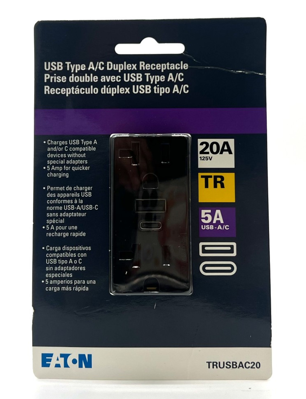 Eaton TRUSBAC20BK  USB A&C duplex 20 Amp receptacle, charges USB type A and/or Type C wihtout adapters, 5 Amp charging, 20A receptacle, Tamper Resistant, Black