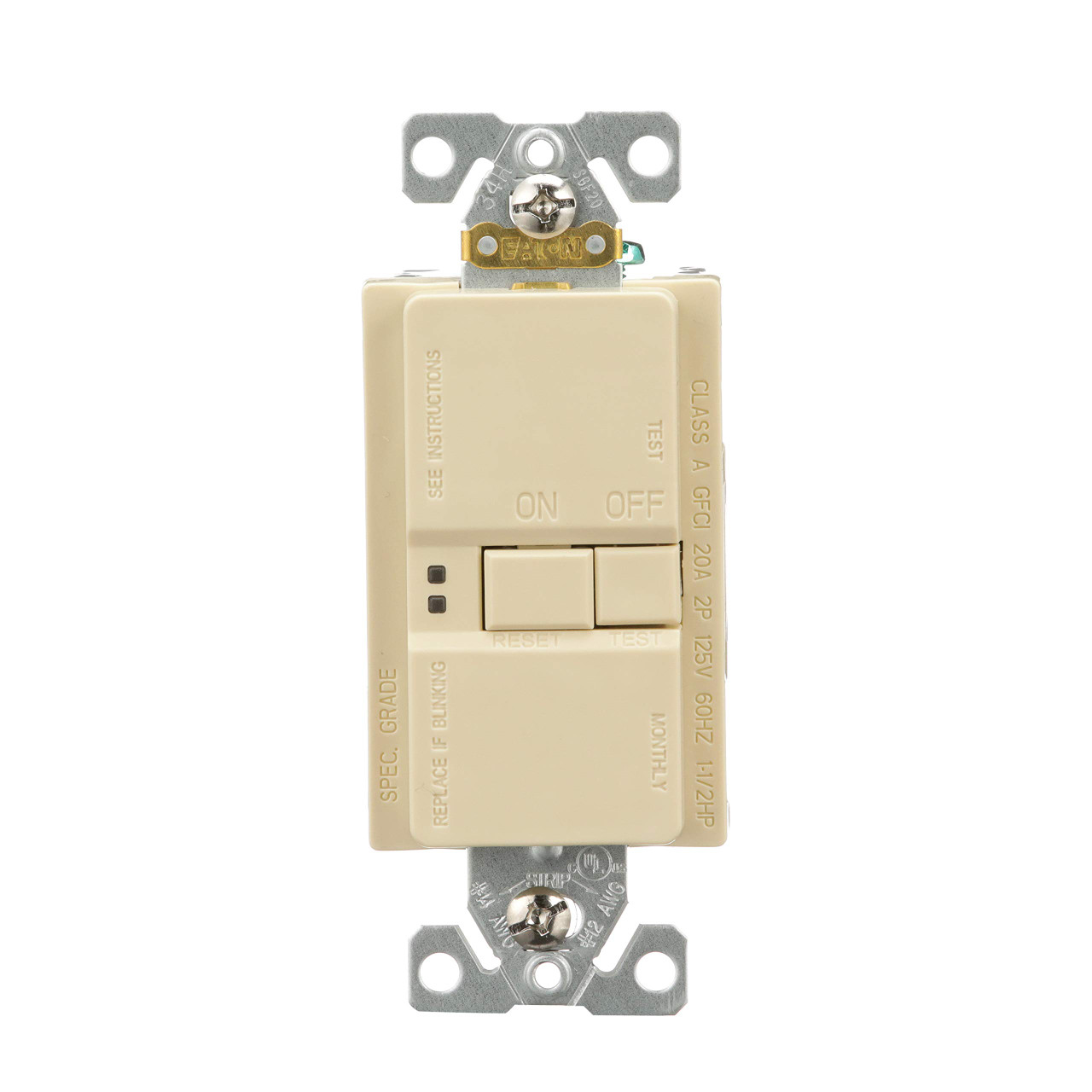 EATON SGFD20V Blank Face GFCI Receptacle, 125 V, 20 A, 2 Pole, 3 Wire, Ivory