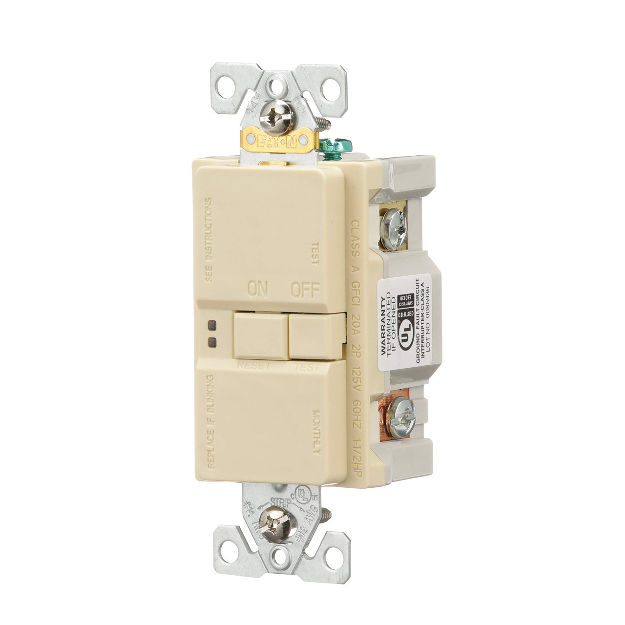 EATON SGFD20V Blank Face GFCI Receptacle, 125 V, 20 A, 2 Pole, 3 Wire, Ivory