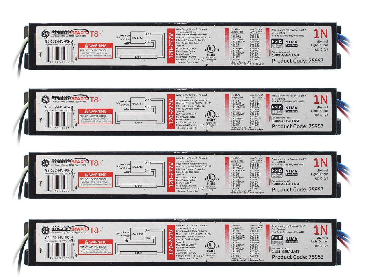 GE 75953 UltraStart GE132-MVPS-N - 75953 T8 Fluorescent Ballast (quantity of 4) 