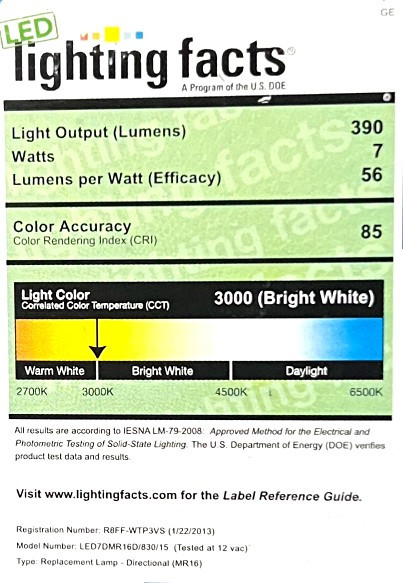 GE 69919 LED MR16, 7 watt, 390 lumens, 3000K Warm White, GU5.3 (2pin) base, 12v, LED7DMR16D830/15 (case of 6)