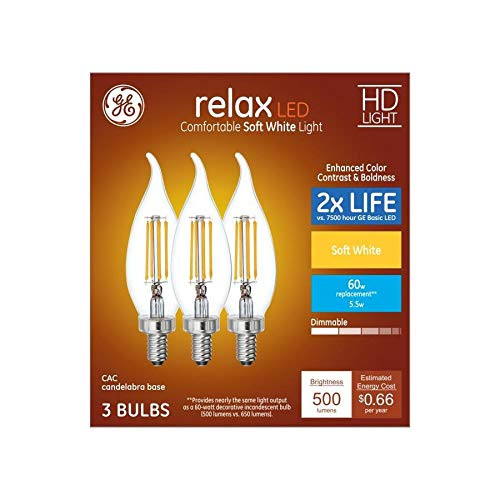 GE Relax 3-Pack 60 W Equivalent Dimmable, Soft White Ca12, Candelabra base,  5.5 watt 500 lumen, LED Light Fixture Light Bulbs
