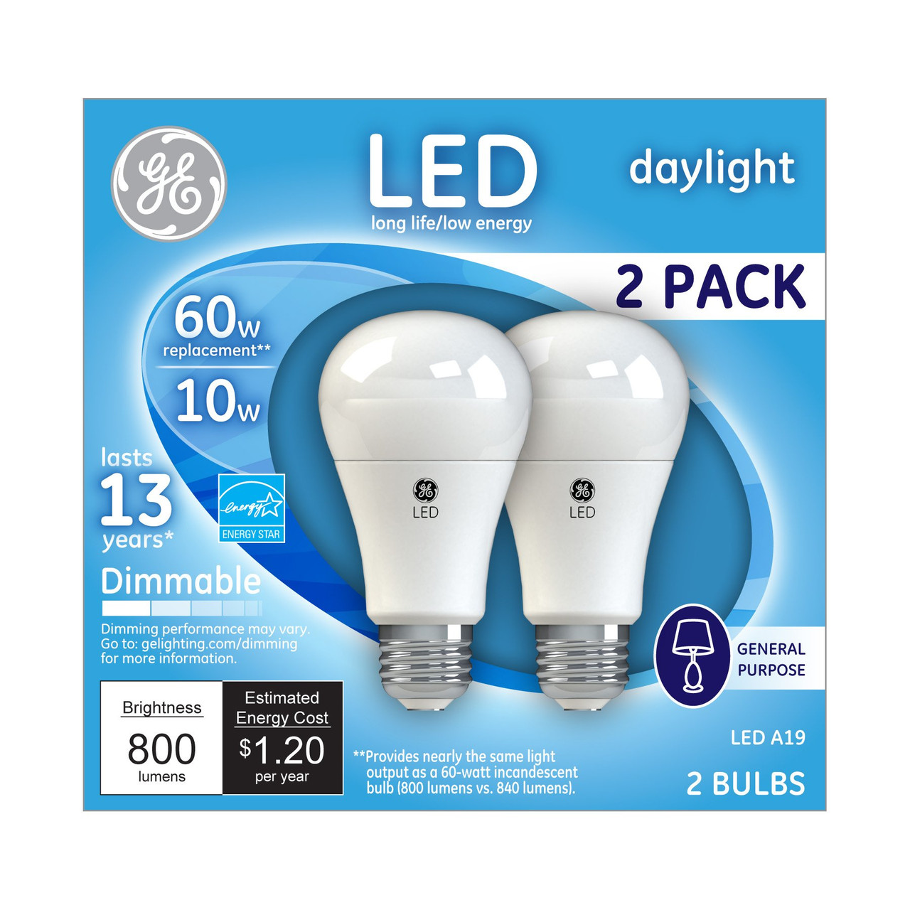 GE Lighting 67605 LED A19 Light Bulb with Medium Base, 10 Watt, Daylight, 2-Pack, 2 Count
