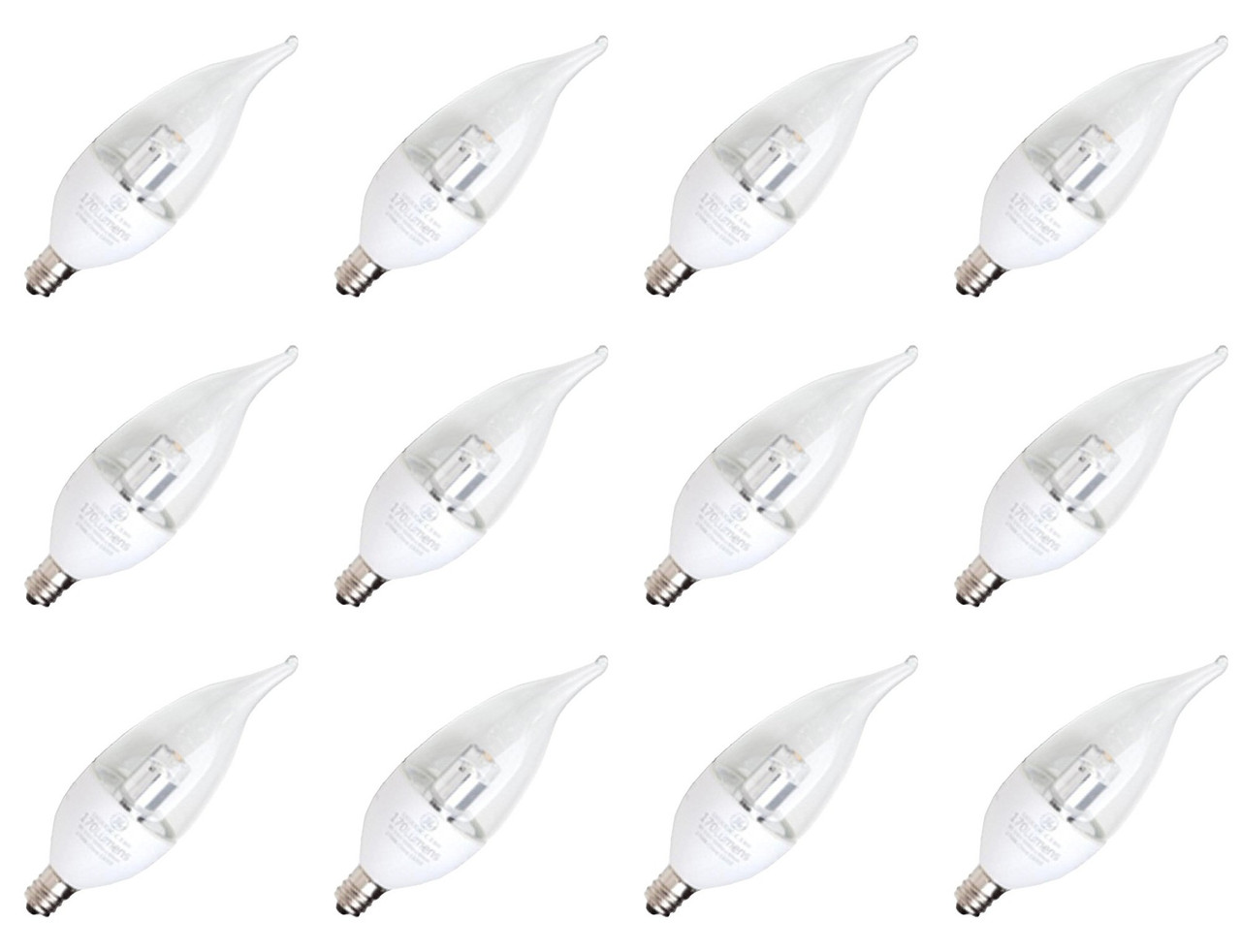(case of 12) GE 75553 - Candle Tip LED Light Bulb, 4 watt, 250 lumen, Chandelier Bulb with Candelabra base, Dimmable, 2400K warm white