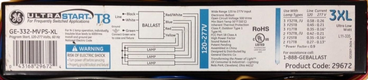 GE 29672 Electronic Ballast,T8 Lamps,120/277V GE332-MV-PS-XL