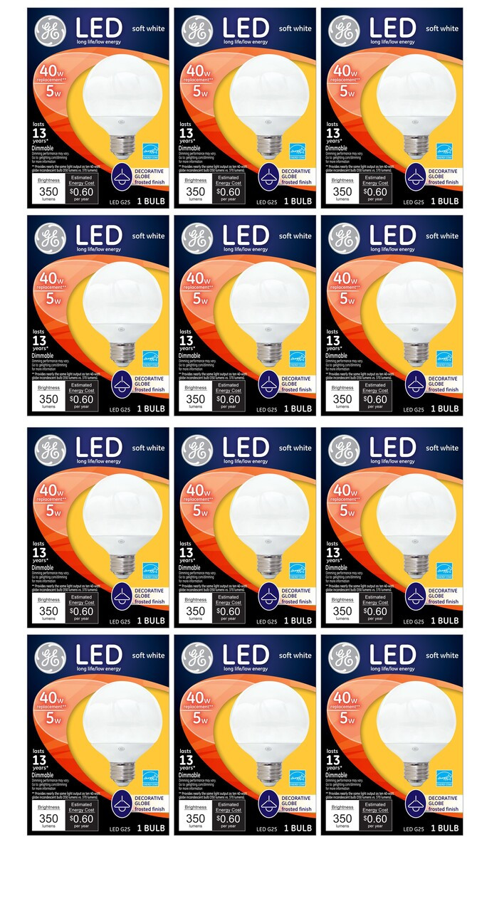 (case of 12 bulbs) GE Lighting 37906 LED G25 Decorative Bulb with Medium Base, 5-Watt, Soft White, Dimmable, 350 lumens 