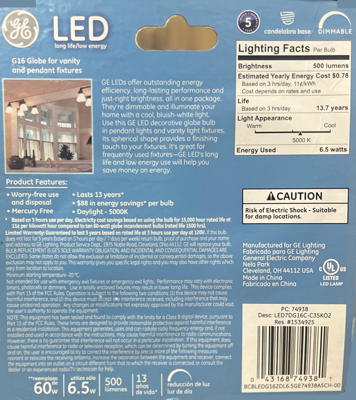 (6 bulbs) GE LED G16.5 Globe Light Bulb, Candelabra base, 6.5 watts, 500 lumens, 5000K Cool White