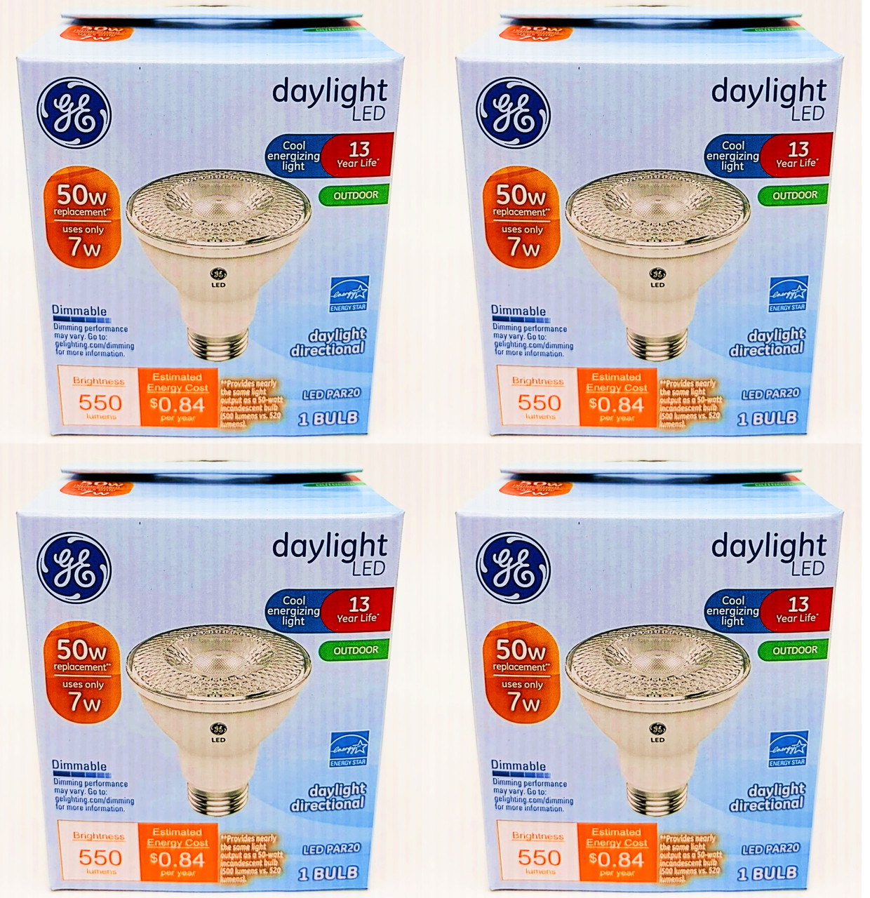 (case of 4) GE Outdoor LED Floodlight, PAR20 Bulb, 50W Equivalent, Daylight, Dimmable, 550 lumens,  7 watts 