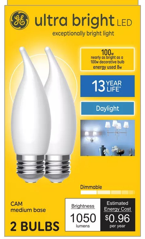 GE ulltrabright LED chandelier lightbulb, frost finish, bent tip, medium base, 8 watt, 1050 lumens, daylight , dimmable, CA12 exceptionally bright (2 bulbs)