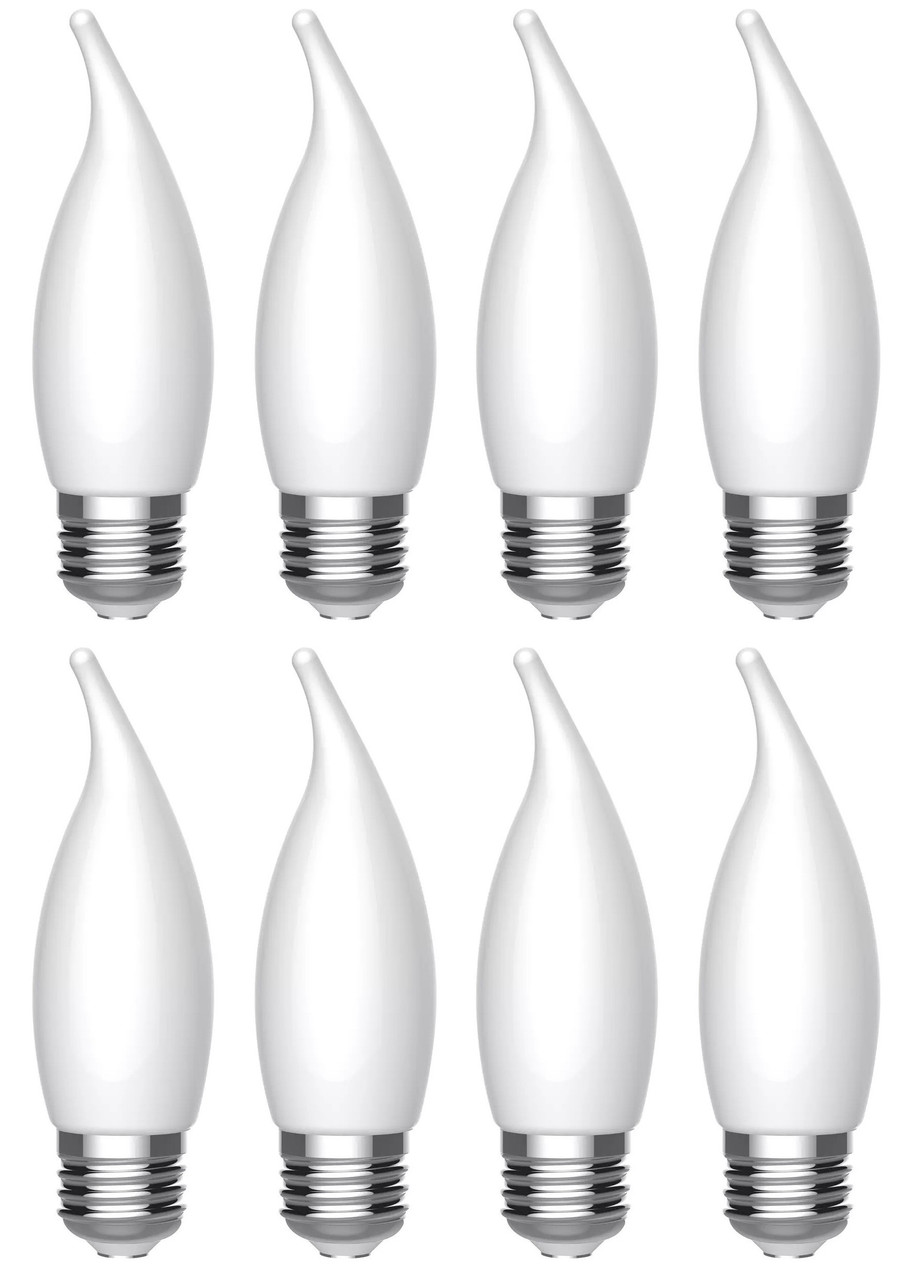 (case of 8 bulbs) GE ulltrabright LED chandelier lightbulb, frost finish, bent tip, medium base, 8 watt, 1050 lumens, daylight , dimmable, CA12 exceptionally bright  