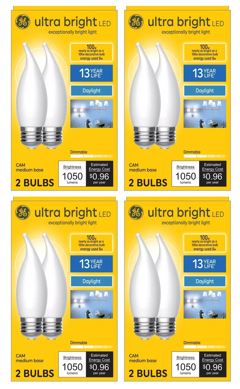 (case of 8 bulbs) GE ulltrabright LED chandelier lightbulb, frost finish, bent tip, medium base, 8 watt, 1050 lumens, daylight , dimmable, CA12 exceptionally bright  
