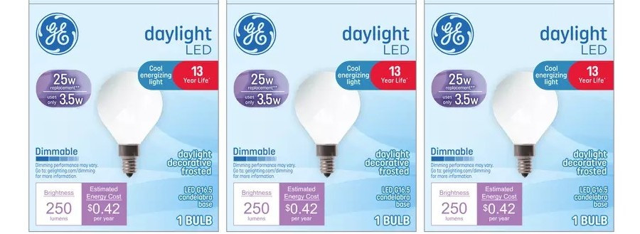 GE LED G16.5 Globe, 3.5 watt 250 lumen, daylight, decorative frosted, candelabra base, dimmable (case of 3 bulbs)