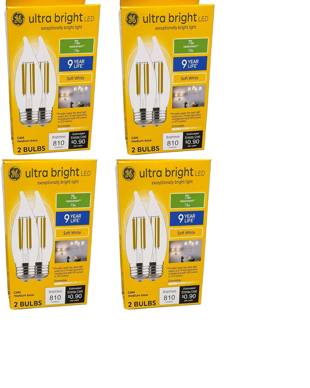GE Ultrabright Decorative LED bulb, 7.5 watt, 810 lumens, soft white, medium base, dimmable, ultra bright and ultra beautiful (case of 8 bulbs)