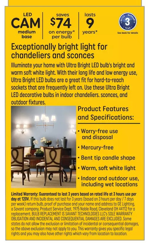 GE Ultrabright Decorative LED bulb, 7.5 watt, 810 lumens, soft white, medium base, dimmable, ultra bright and ultra beautiful (case of 8 bulbs)