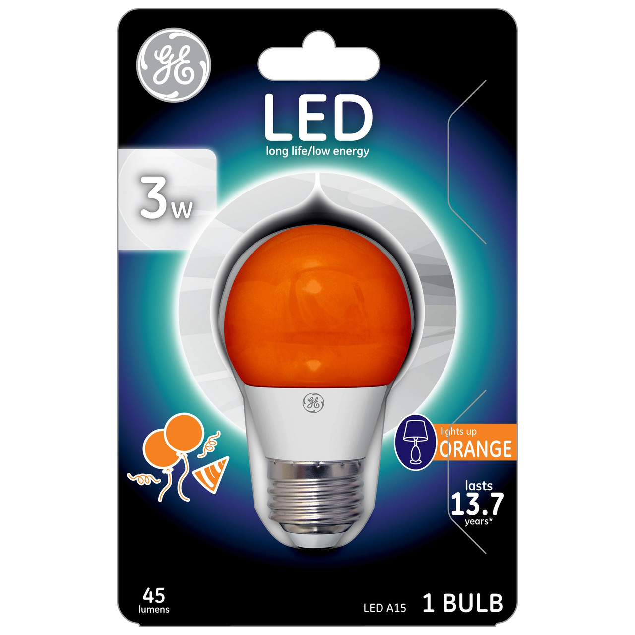 GE Lighting 23054 3-Watt LED A15, 45-Lumen Party Light, Orange Party Bulb with Medium Base, 1-Pack