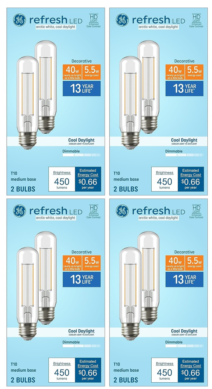 GE refresh LED T10 Light Bulbs, 5.5 watt, 450 lumen, 40 watt equivalent, arctic white, cool daylight, medium base, Dimmable, 8 bulbs