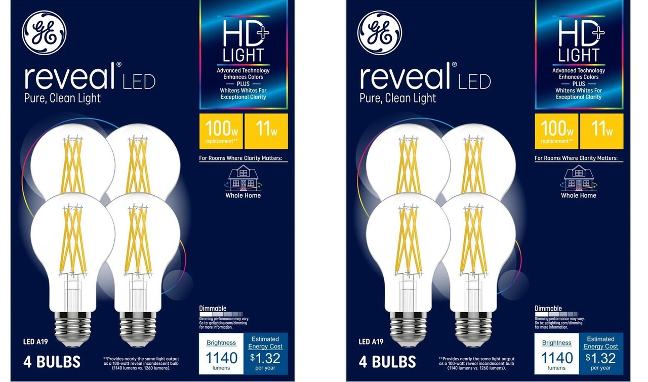 GE reveal LED A19, 100 watt equivalent, 11 watts 1140 lumens, HD Light, Dimmable, medium base, pure, clean reveal HD light (8 bulbs)