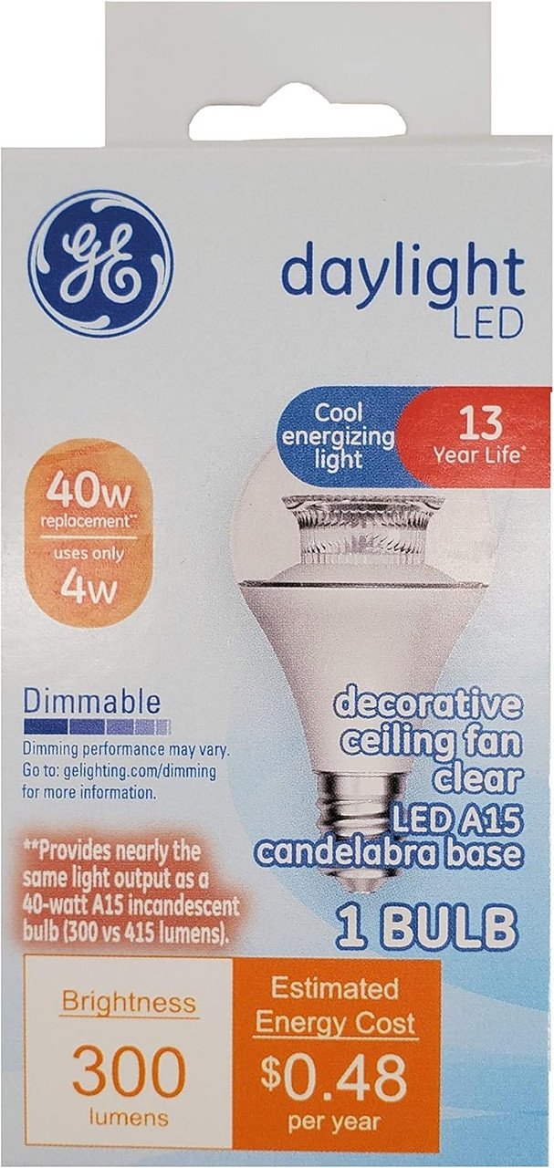 GE LED decorative ceiling fan A15, 4 watt, 300 lumen, daylight, candelabra base, Dimmable, cool energizing light