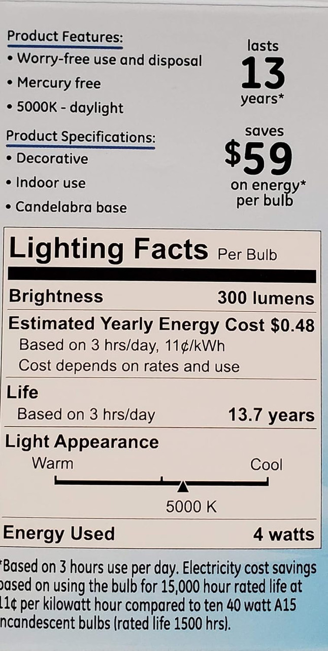 GE LED decorative ceiling fan A15, 4 watt, 300 lumen, daylight, candelabra base, Dimmable, cool energizing light