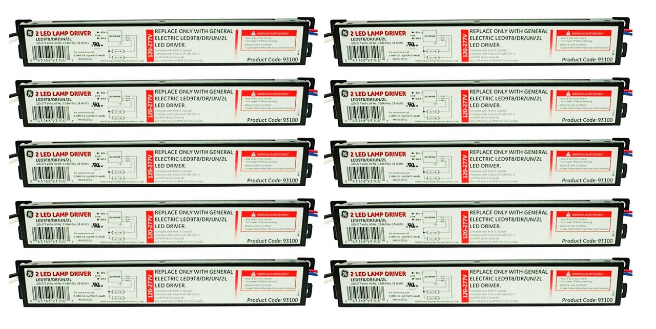 (case of 10) GE 93100 - 2 LED Lamp Driver, 18 watt 120/277 volt Electronic Non-Dimmable  (LED9T8/DR/UN/2L)