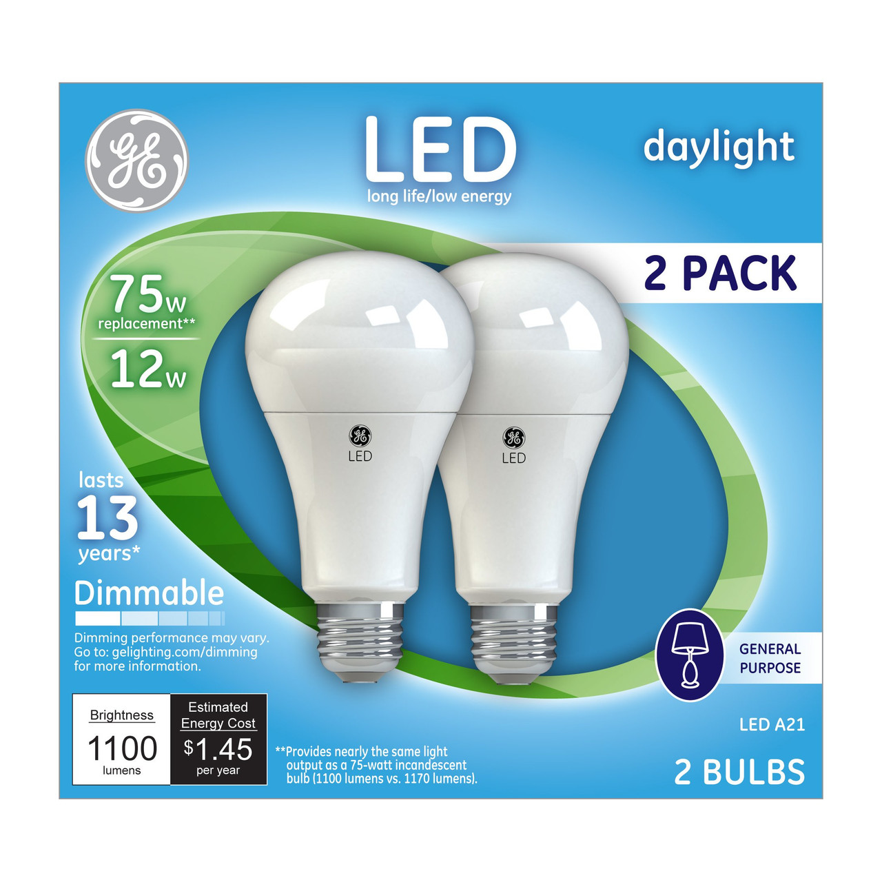GE Lighting 66117 Dimmable LED A21 Light Bulb with Medium Base, 12-Watt, Daylight, 2-Pack