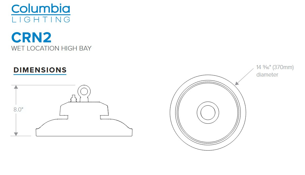 Hubbell Columbia Lighting CRN2-40HM-EDHV-FP Wet Location High Bay, 270 watt, 38000 lumen, 4000K Color Temp,  Industrial Voltage 347-480V, Frosted Polycarbonate Lens, 0-10V Dimming 