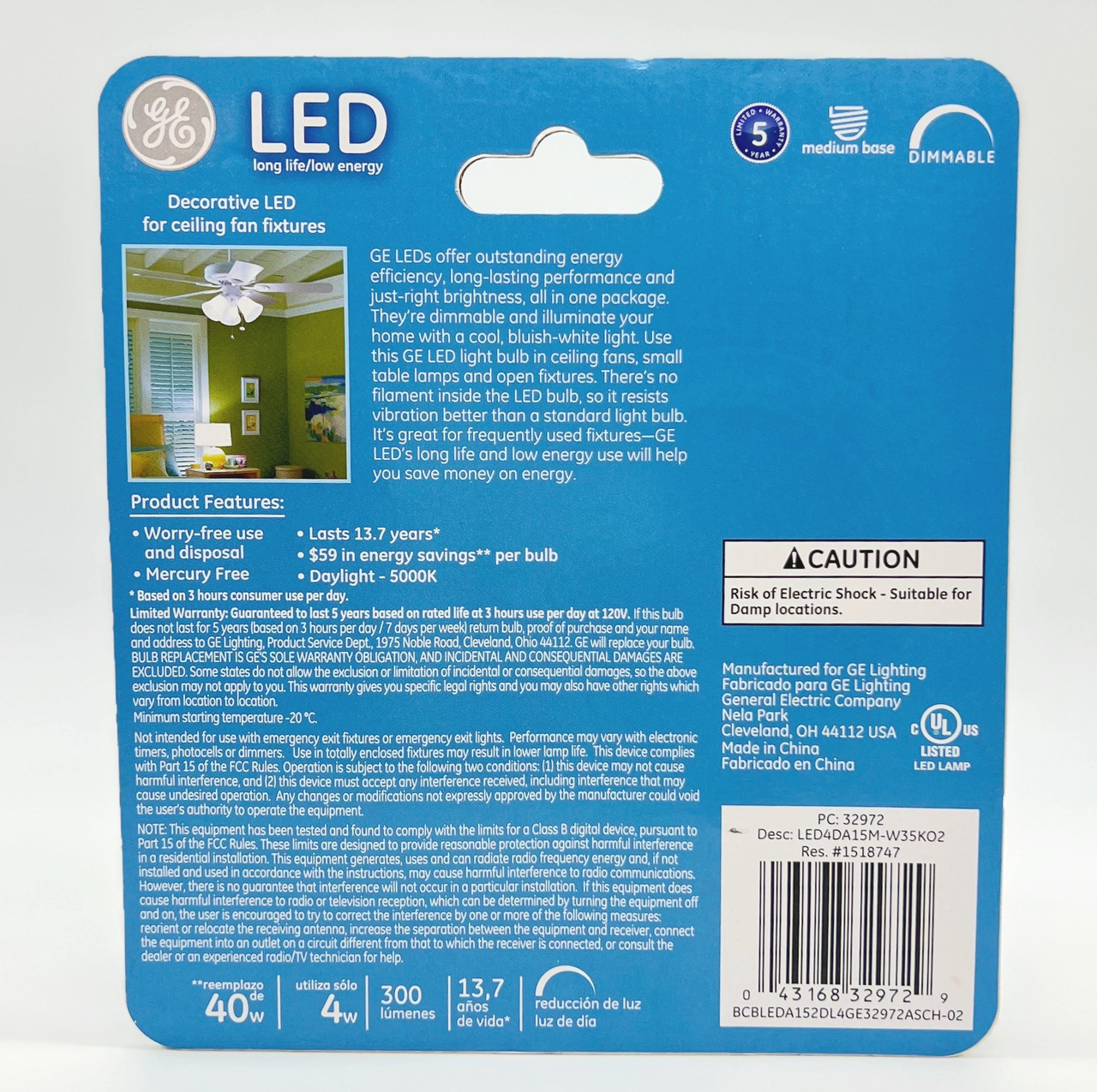 (6 bulbs) GE Lighting LED A15 Light Bulb, 40 Watt Equivalent, Daylight 5000K, Dimmable Ceiling Fan Light Bulb, 300 lumens