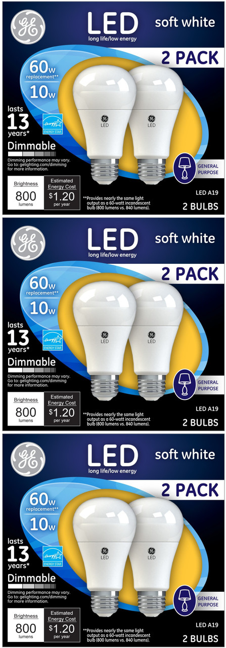 (6 bulbs) GE Lighting 67591 Dimmable LED A19 Light Bulb with Medium Base, 10-Watt, Soft White 