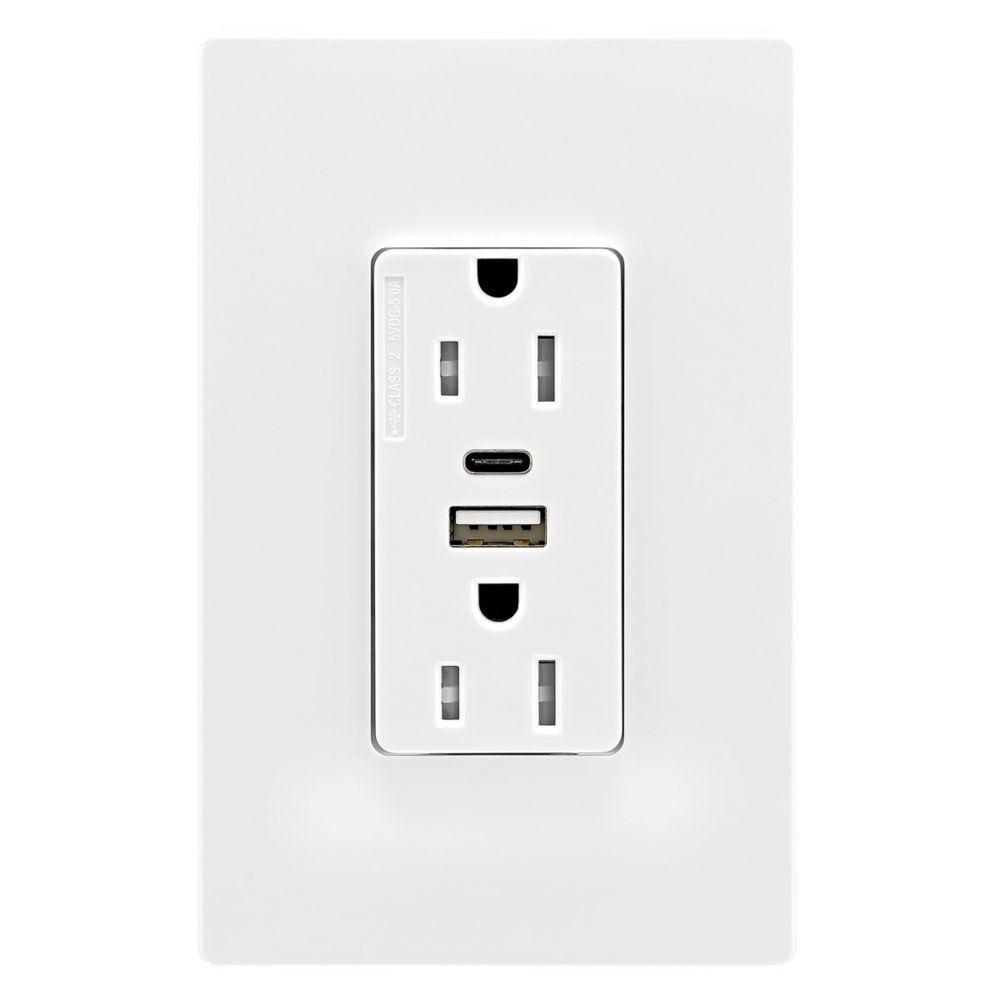 Eaton Combination USB Type A and C Charger, 15A 5-15R Receptacle, White, USB, Two-pole, three-wire, Tamper resistant