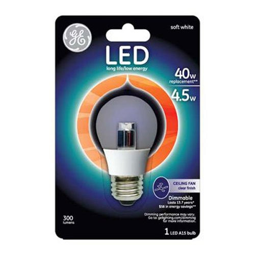 GE Lighting 89987 LED 4.5-watt 300-Lumen Dimmable A15 Ceiling Fan Bulb with Medium Base, Clear, 1-Pack