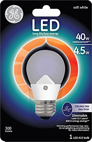 GE Lighting 89987 LED 4.5-watt 300-Lumen Dimmable A15 Ceiling Fan Bulb with Medium Base, Clear, 1-Pack