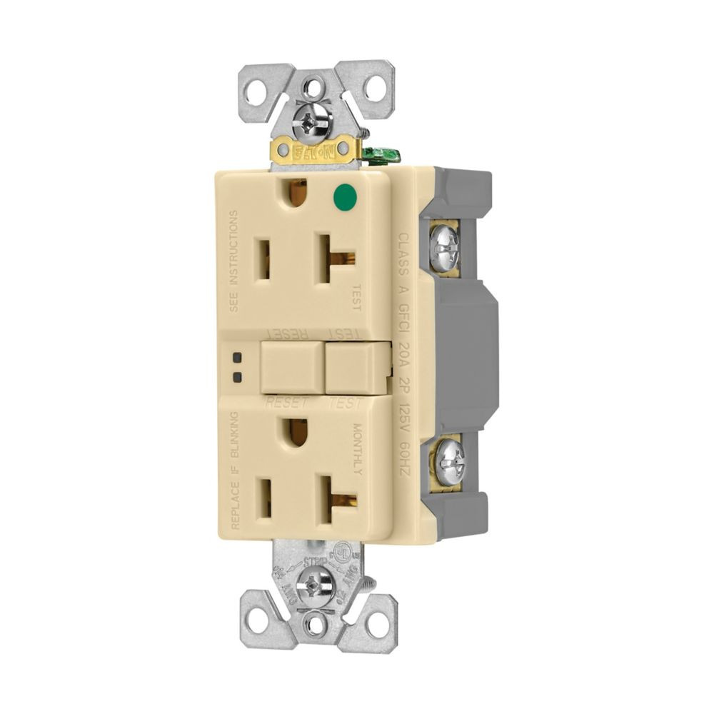 Eaton Hospital Grade GFCI receptacle, 20A, 125V, self-test, Ivory, two pole, three wire, grounding, SGFH20V